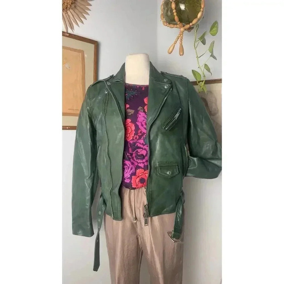 DSquared2 Men's Green Equine Leather Biker Jacket - Luxurious Designer Outerwear - Picture 2 of 9